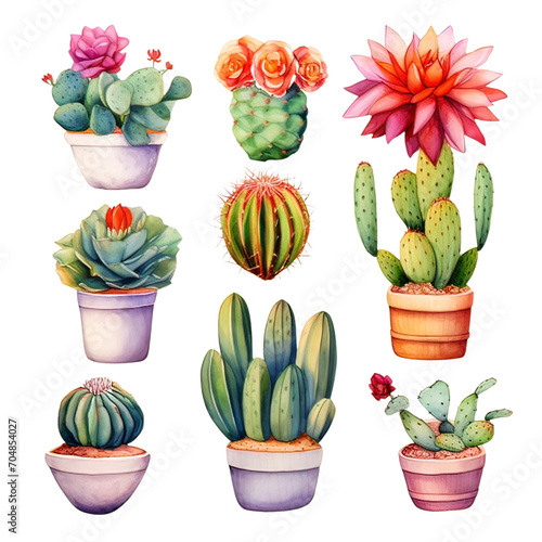 Watercolor set of cacti and succulent plants 