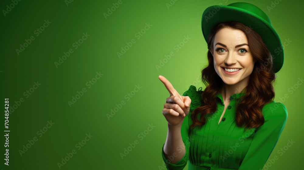 A girl in traditional Irish costume on St Patrick's Day points her finger up on a green background A girl in traditional Irish costume on St Patrick's Day points her finger up on a green background