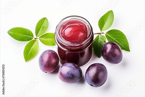 Delicious homemade plum jam isolated on a white background with ample copy space for text placement