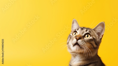 Shocked cat standing over the yellow background with open mouth expression. Cat photo studio shot concept