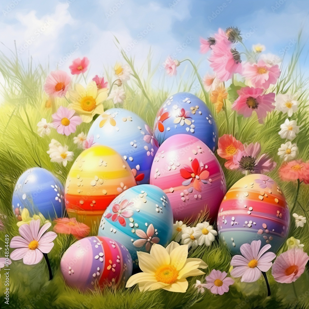 easter eggs in grass  A happy easter card with colorful eggs and flowers banner