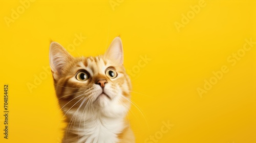Shocked cat standing over the yellow background with open mouth expression. Cat photo studio shot concept