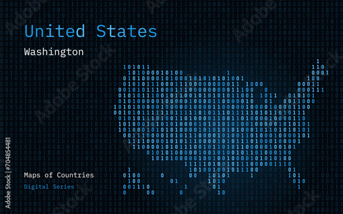 United States of America Blue Map Shown in Binary Code Pattern. TSMC. Matrix numbers, zero, one. World Countries Vector Maps. Digital Series