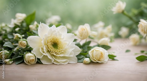 Flowers background banner. Beautiful white flowers on pastel blured green background. Copy space. wallpaper
