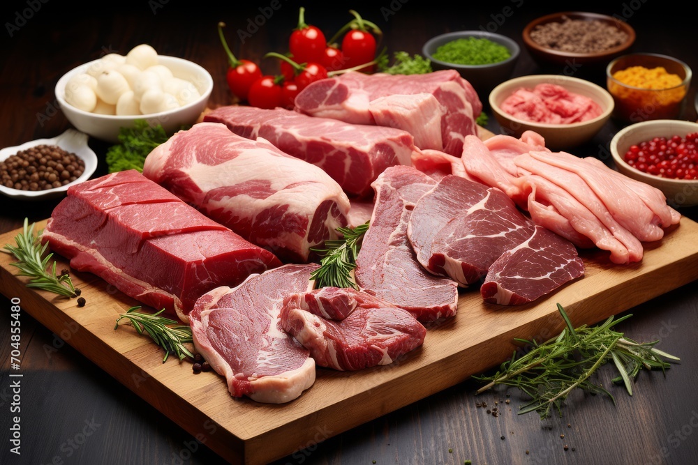Assortment of fresh meat on wooden board