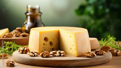 Cheese dish with walnuts and crackers, perfect for wine and romance, bright image with bokeh