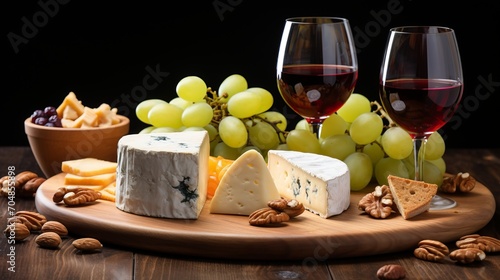 Exquisite cheese platter with walnuts, crackers, and wine for a romantic ambiance on a wooden plate