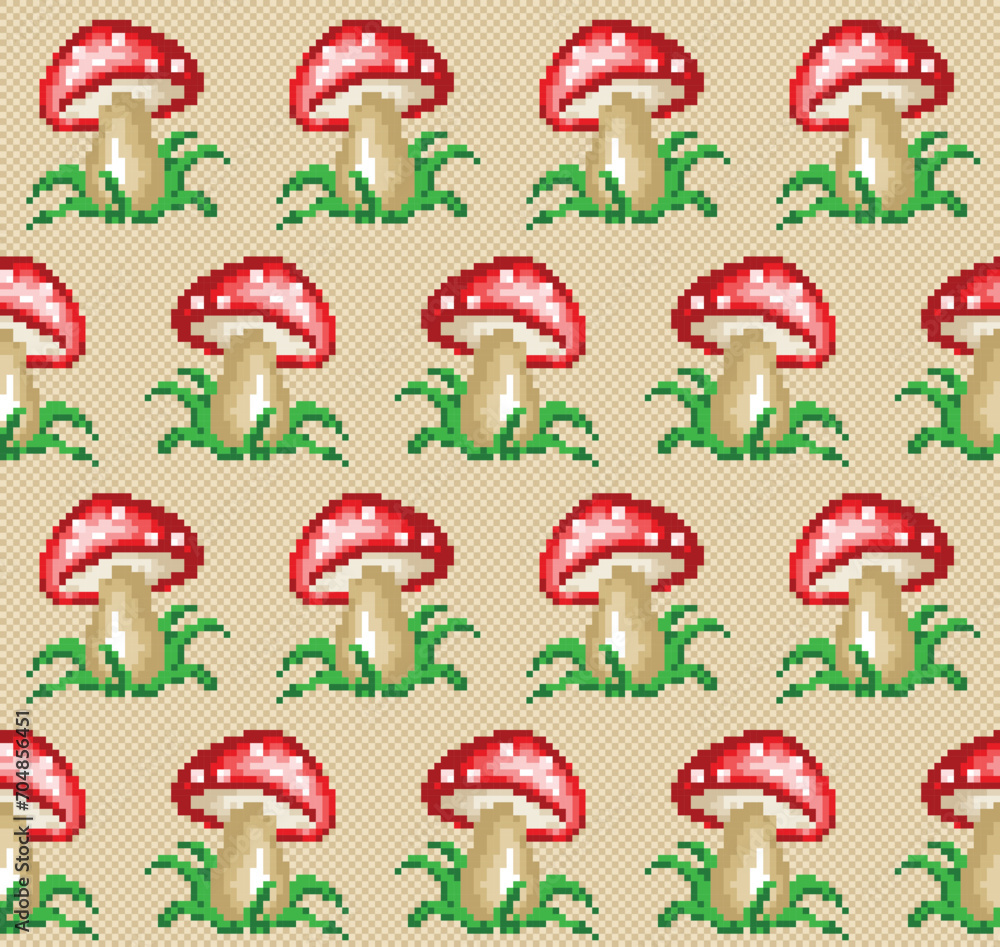 A pixel seamless background with forest mushroom.
