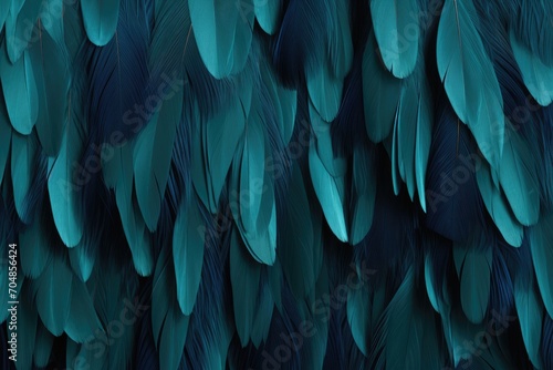 Beautiful feathers background in dark teal blue and black colors. Closeup image of colorful fluffy feather. Natural pattern. Minimal abstract composition with copy space