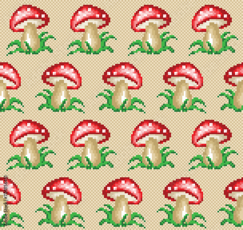 A pixel seamless background with forest mushroom.