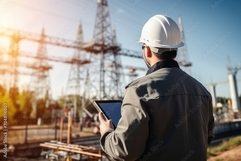 Male electrical engineer against the background of high-voltage wire towers, rear view Male electrical engineer against the background of high-voltage wire towers, rear view