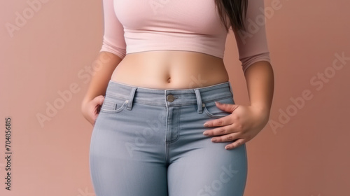 Cropped shot of young tanned slender woman in denim with toned stomach with abs isolated on color background. Result of fitness, diet, healthy lifestyle. Female belly after a lot of training © Nataliya