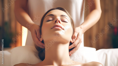 The woman lay on the sofa on her back with her eyes closed and enjoyed. She receives a relaxing and therapeutic suspended head massage. Spa client. Wellness medical treatments in spa