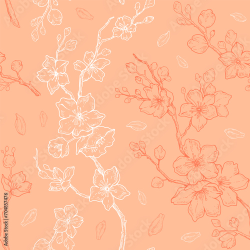 Peach fuzz 2024 year color pattern. Peach fuzz seamless background with abstract peach tree blossom. Seamless 2024 colour spring fashion, interior design palette. Trendy pastel cloth, fabric, textile