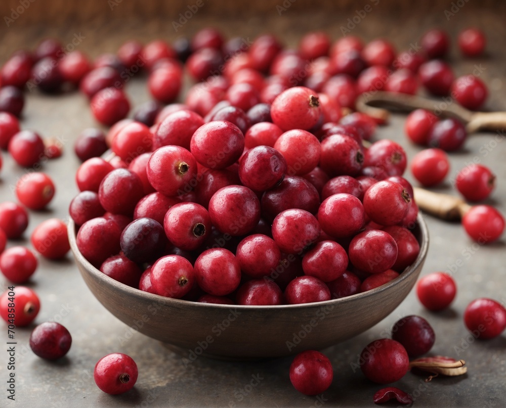 Cranberries in a bowl on a wooden table, selective focus Cranberries in a bowl on a wooden table, selective focus