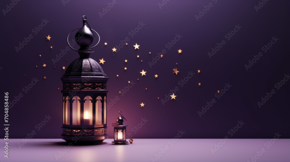 Ornamental Arabic lanterns with burning candle glowing on violet background. space for text Ornamental Arabic lanterns with burning candle glowing on violet background. space for text