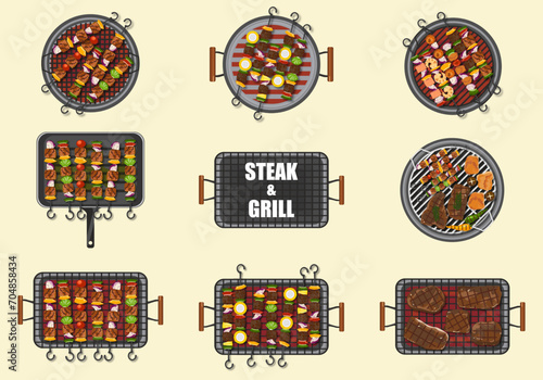 Vector illustration set of grilled barbecue food on various grills, top view isolated on white cartoon background.
