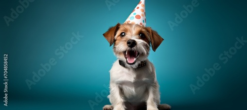 Adorable dog with party hat celebrating on blue background perfect for happy birthday concept