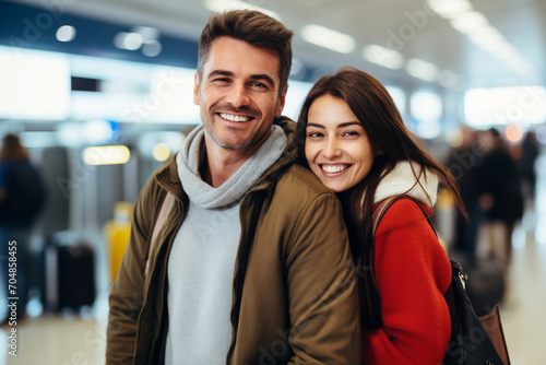 Portrait of happy, smiling young couple traveling on vacation at the airport. People on the go. Generative Ai illustration. photo