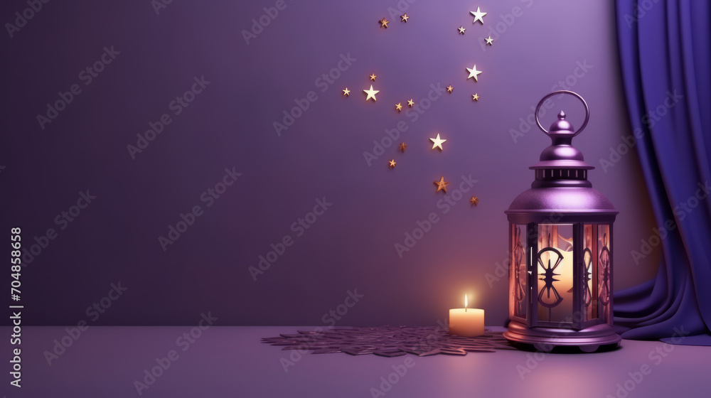 Ornamental Arabic lanterns with burning candle glowing on violet background. space for text Ornamental Arabic lanterns with burning candle glowing on violet background. space for text