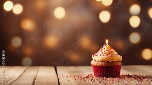 Delicious birthday cupcake with tiny candles on empty table, light background, and magical bokeh