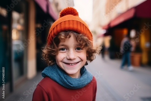 Portrait of cute little boy in hat and scarf on the street
