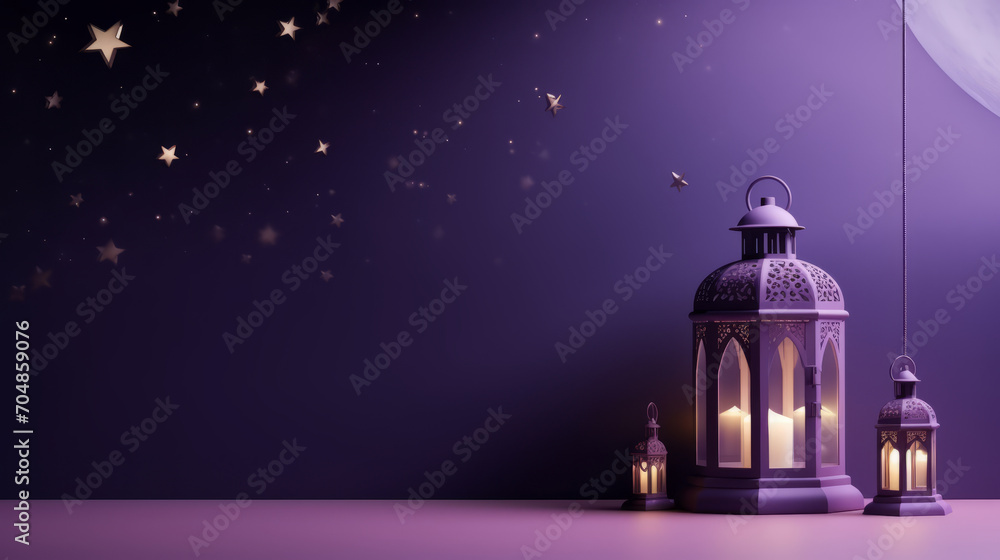 Ornamental Arabic lanterns with burning candle glowing on violet background. space for text Ornamental Arabic lanterns with burning candle glowing on violet background. space for text