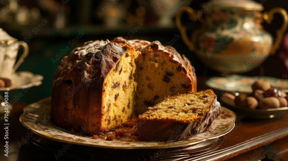 a loaf of cake sitting on top of a plate next to a cup and a plate with a piece cut out of it. a loaf of cake sitting on top of a plate next to a cup and a plate with a piece cut out of it.