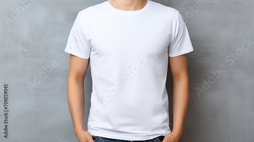 Man in white t shirt mockup template for design print studio, isolated on light gray wall