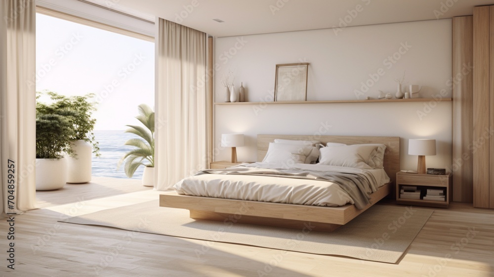 The serene Minimalist Oasis Chambers, featuring a clean and simple bedroom with neutral tones, uncluttered spaces, and minimalist decor for a tranquil and calming atmosphere.