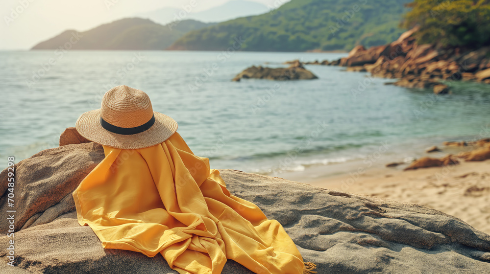 Beachside Bliss, Escape to Paradise, a Straw Hat and Yellow Blanket, Travel Concept, Generative AI