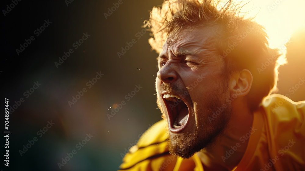 A footballer scores a goal and screams with joy in close-up - obrazy, fototapety, plakaty 