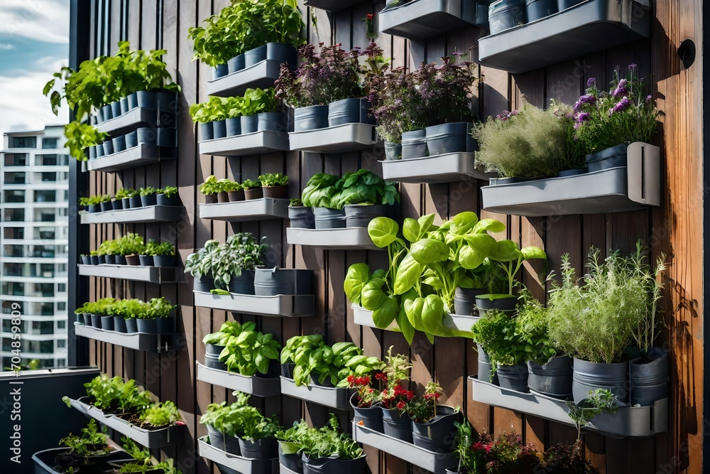Balcony herb garden concept. Modern vertical lush herb garden planter bags hanging on city apartment balcony wall, with planter boxes pots of basil, mint, rosemary thyme growing in urban environment  - obrazy, fototapety, plakaty 