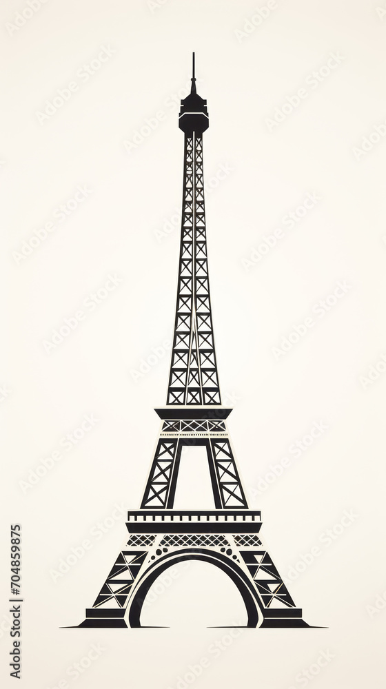 Black and white highly stylized Portrait sketch of Paris Eiffel Tower close view with white background