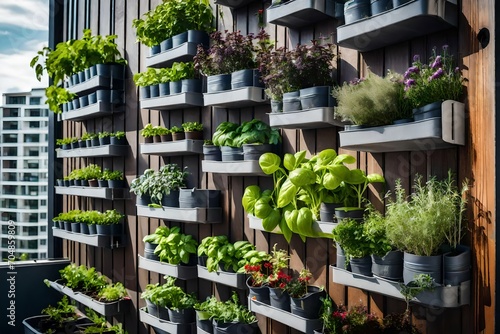 Balcony herb garden concept. Modern vertical lush herb garden planter bags hanging on city apartment balcony wall, with planter boxes pots of basil, mint, rosemary thyme growing in urban environment 