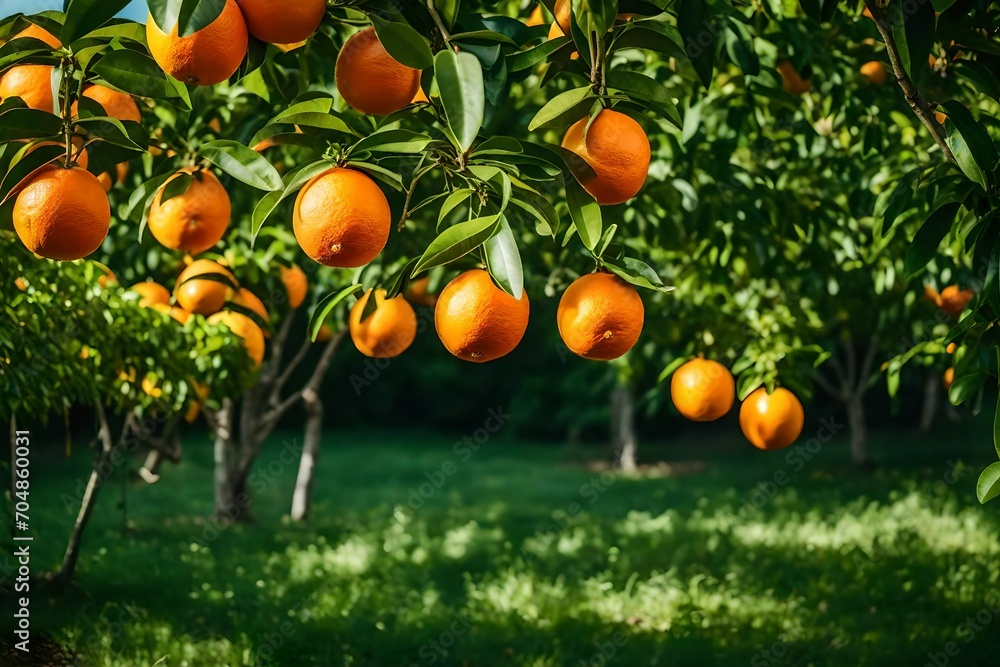 Orange garden. Fresh ripe oranges hanging on trees in orange garden
