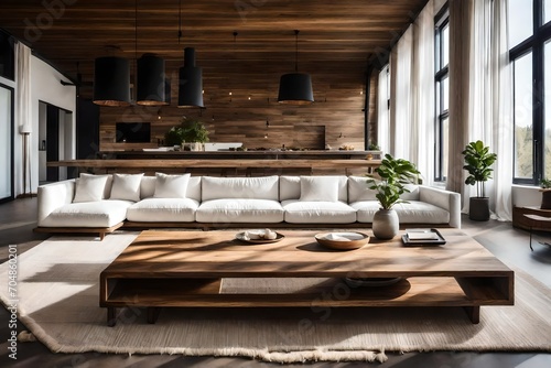 Rustic coffee table near white fabric sofa against window. Japandi style home interior design of modern living room.