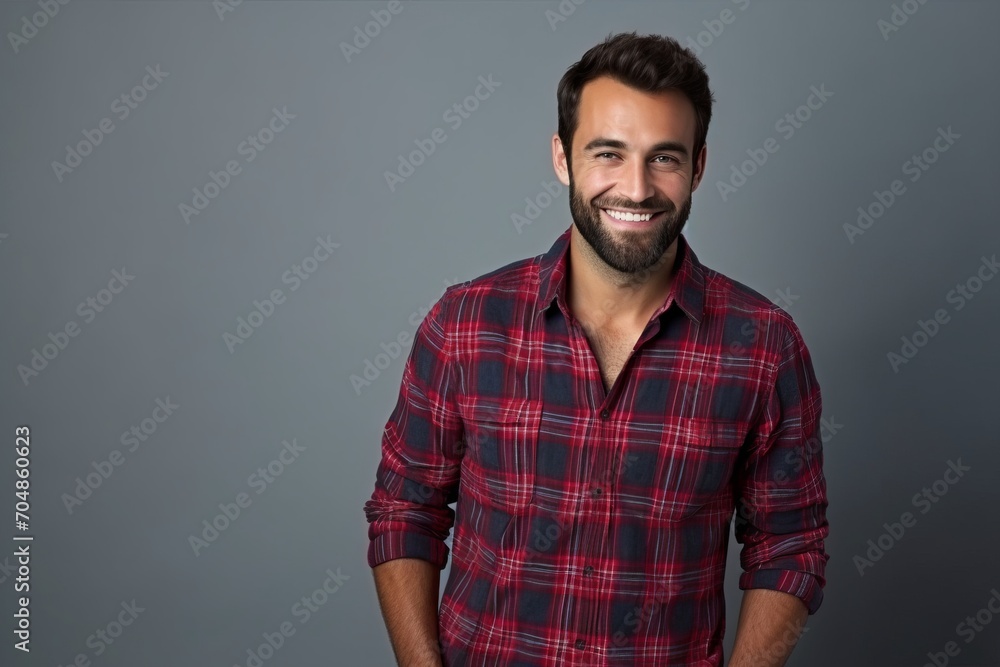 Portrait of a handsome young man smiling at the camera while standing against grey background Portrait of a handsome young man smiling at the camera while standing against grey background
