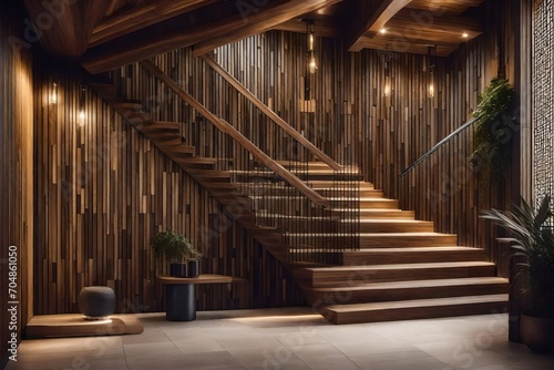 Wooden staircase and stone cladding wall in rustic hallway. Cozy home interior design of modern entrance hall with door.