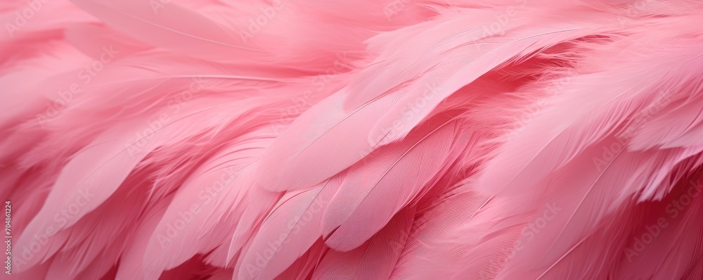 Beautiful flamingos feathers background in pastel pink and purple colors. Closeup vertical image of colorful fluffy feather. Minimal abstract composition with copy space