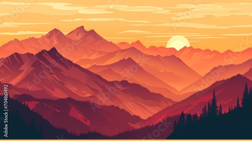  a painting of a mountain range with the sun setting in the distance and trees on the side of the mountain.