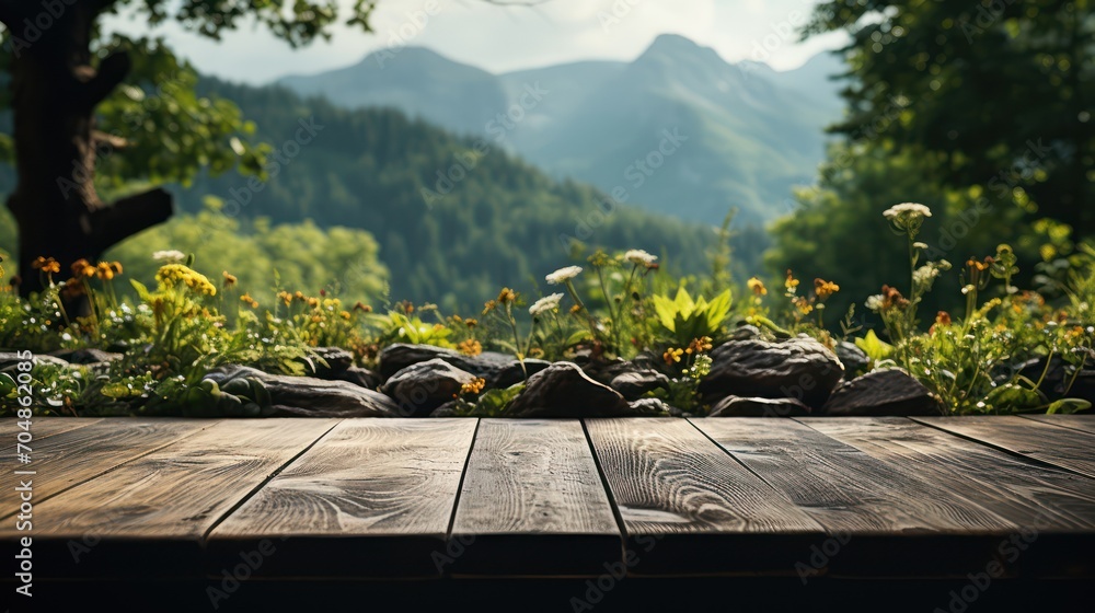 Empty wooden table  with background of forest and mountains. Ready for product display - obrazy, fototapety, plakaty 