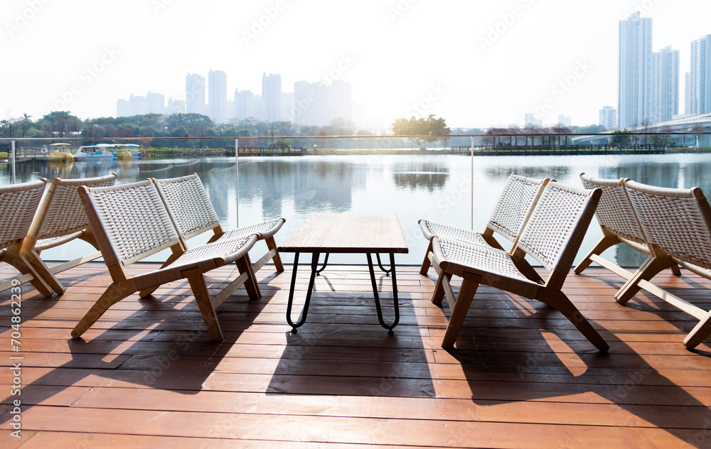 Tables and chairs at the lakeside restaurant