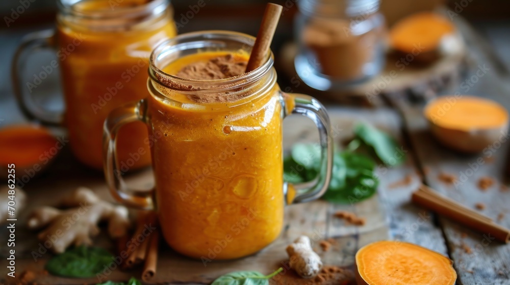 two mason jars filled with a smoothie and topped with a cinnamon garnish and garnished with leaves. two mason jars filled with a smoothie and topped with a cinnamon garnish and garnished with leaves.