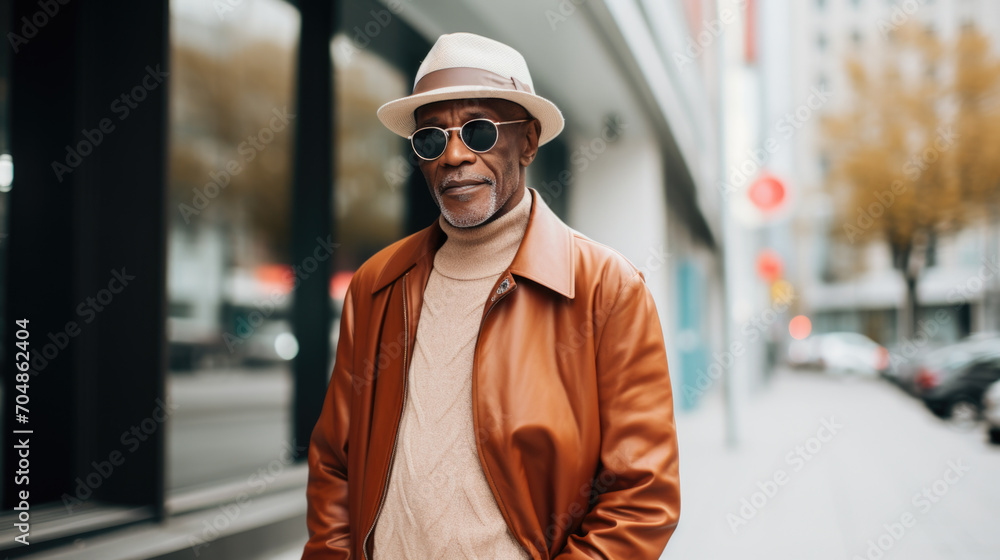 Stylish cool looking black mature men man with a grey hair and beard in fashionable clothes and sunglasses on a city street