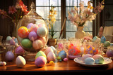 easter still life with easter eggs     Colorful Hand-Painted Easter Eggs in Wicker Basket with Spring Flowers