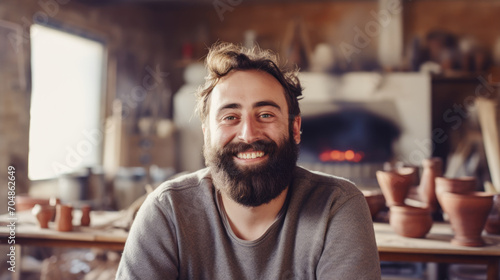 Portrait of a successful and satisfied man potter in his pottery workshop 