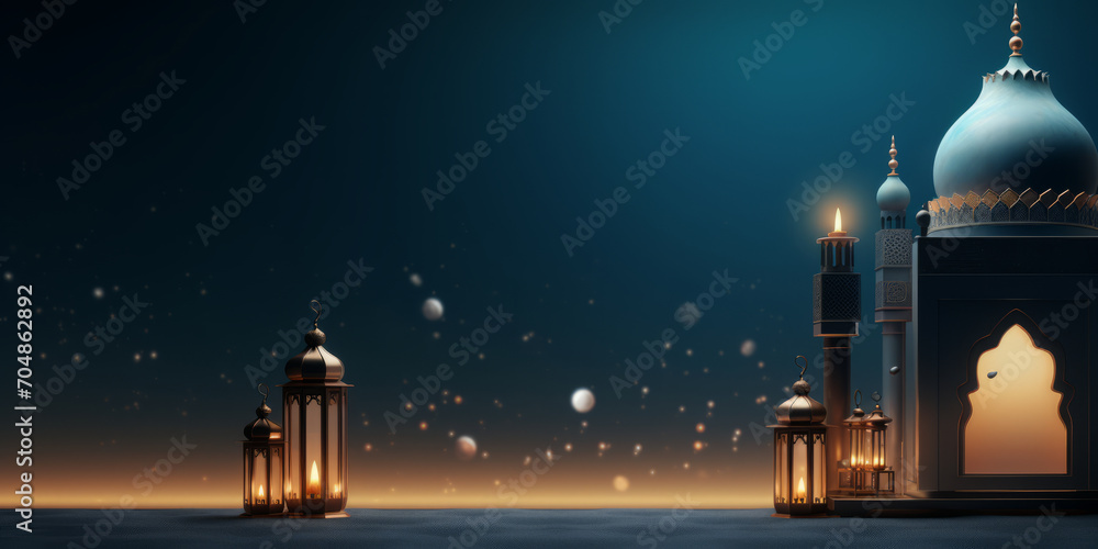 Ornamental Arabic lanterns with burning candle glowing. space for text Ornamental Arabic lanterns with burning candle glowing. space for text