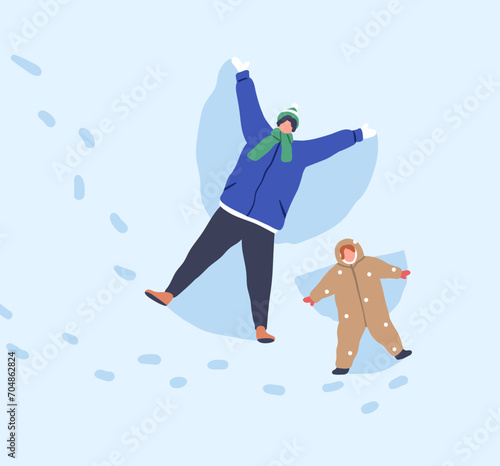 Family making snow angel, snowy wings on winter holiday. Parent and child, outdoors fun in frost, cold weather. Adult and kid toddler playing together on wintertime vacation. Flat vector illustration