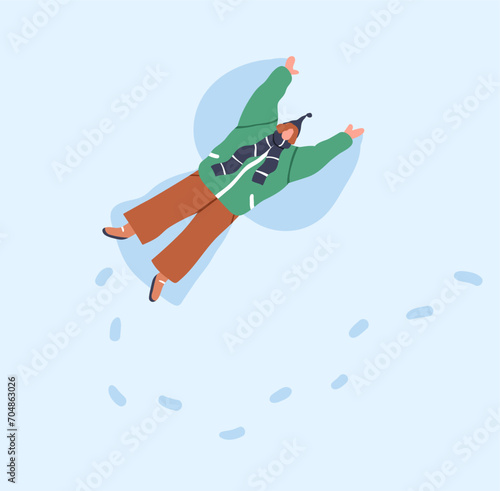 Character making angel, snowy wings print, lying on snow. Winter holiday fun, vacation leisure outdoors in cold weather, frost. Woman in scarf in snowdrift, aerial top view. Flat vector illustration